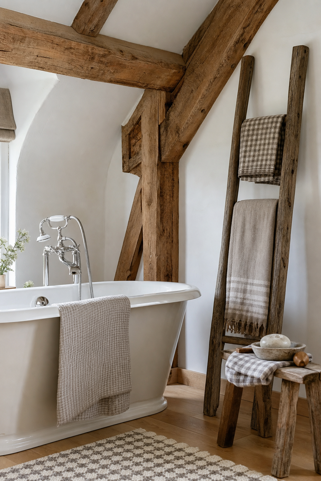 Freistehende Wanne unter Holzbalken