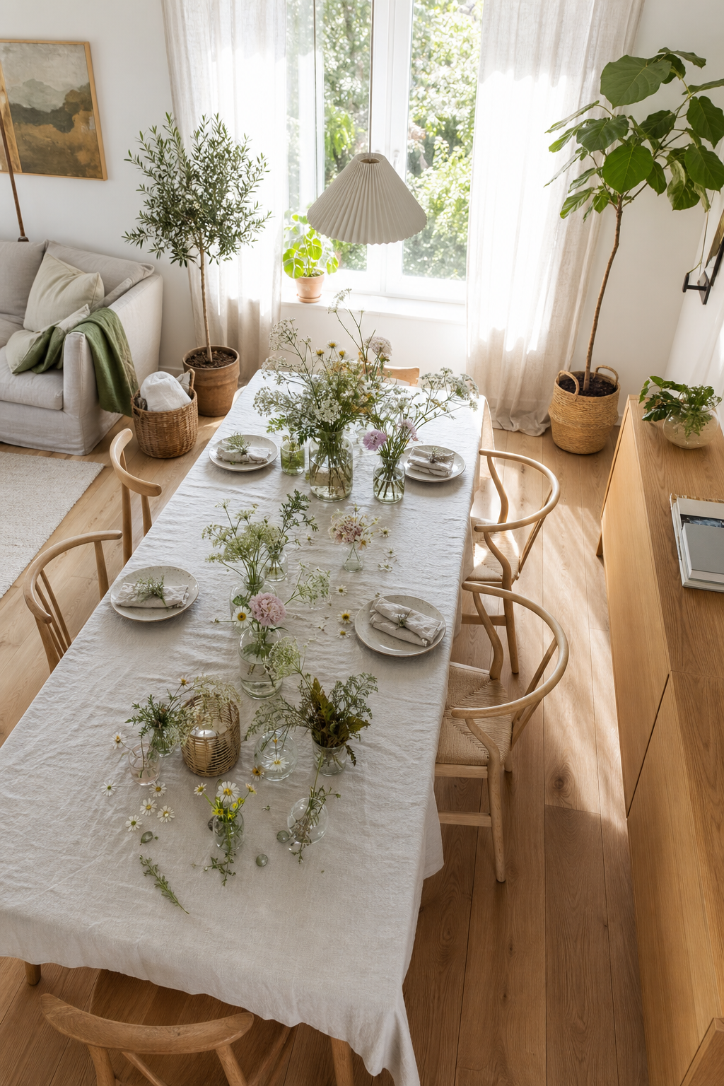 Frühlings-Tisch mit lockerer Wiesenblumen-Streuung