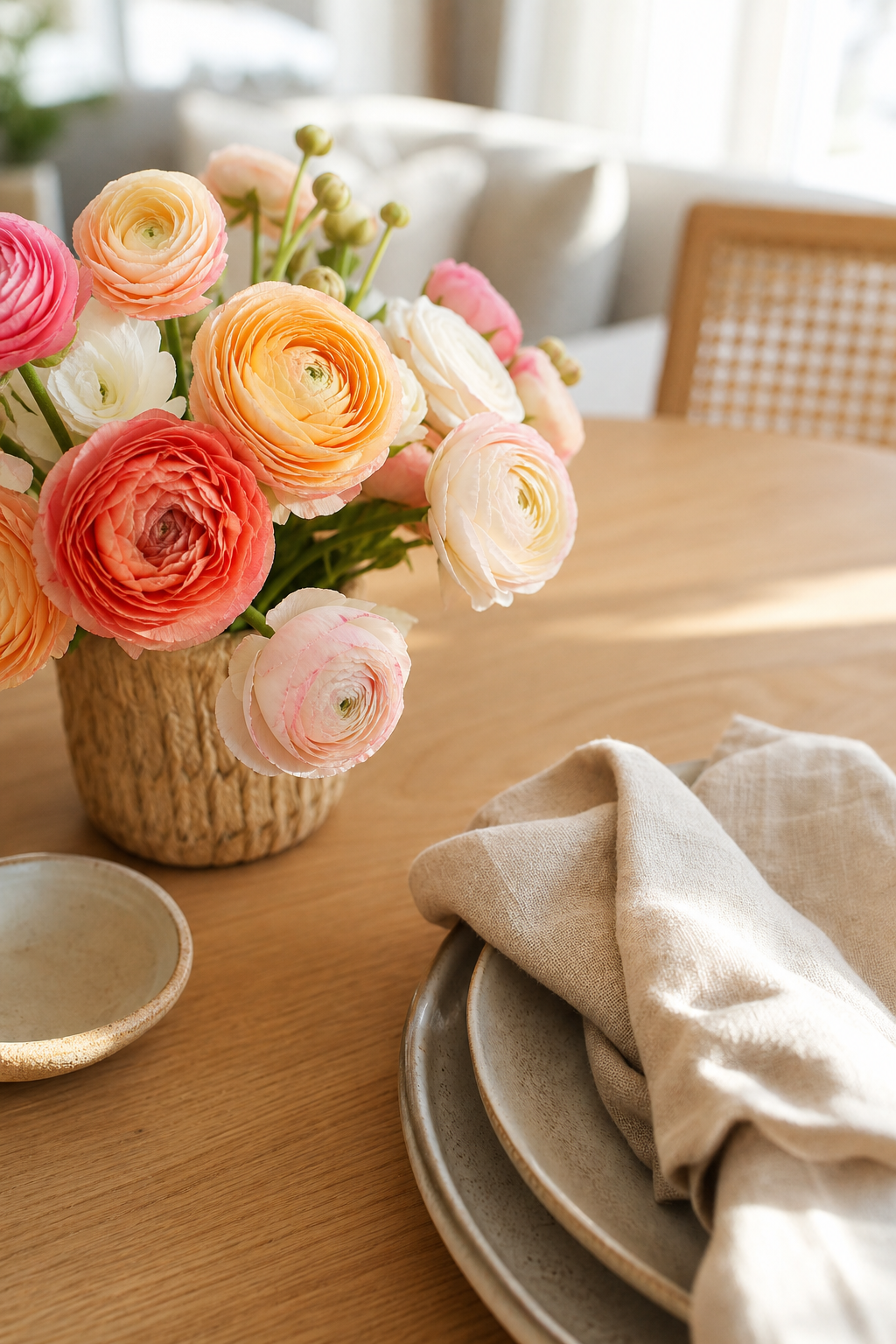 Frühlings-Tulpen auf naturfarbenem Tisch