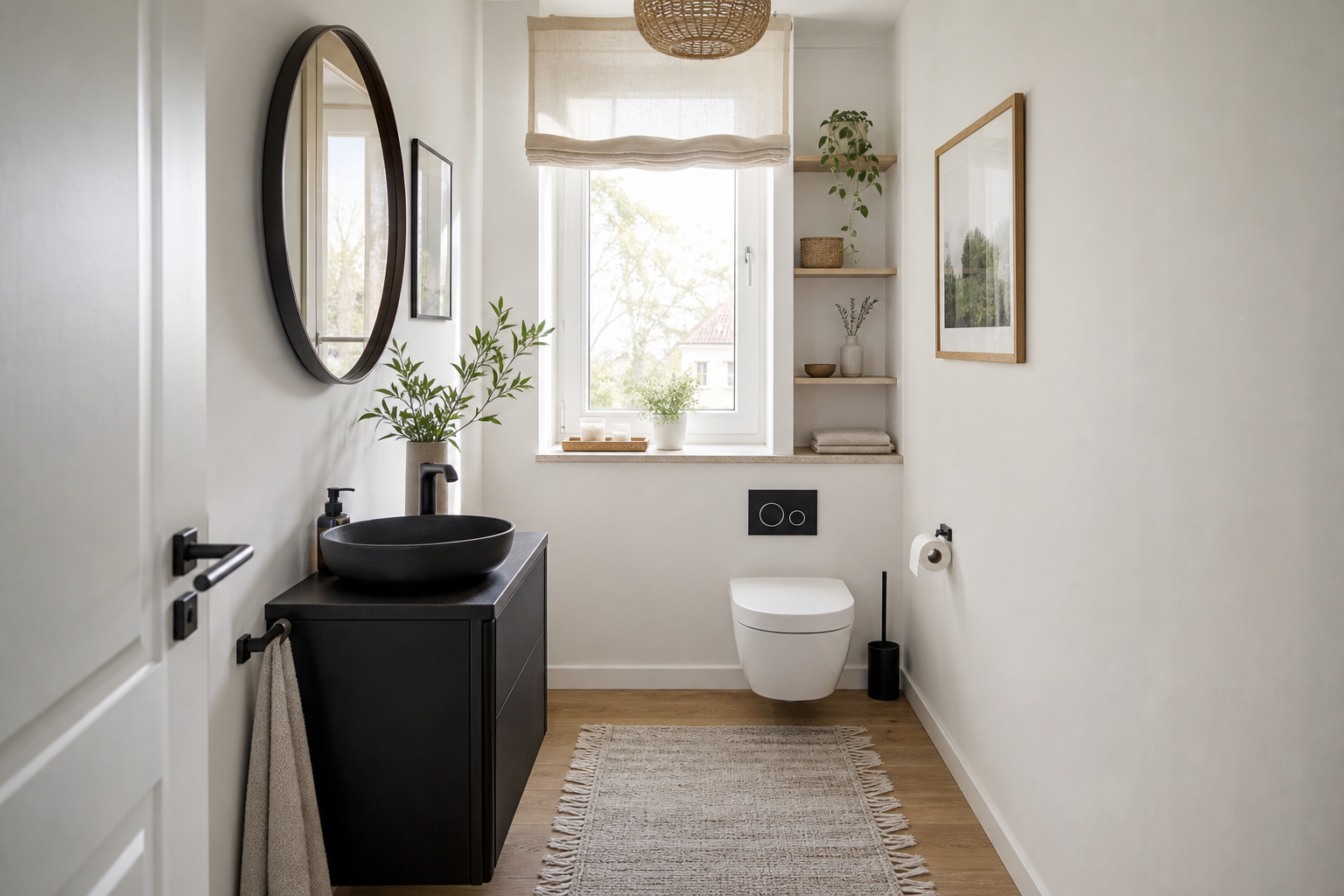 18 Gäste-WC-Ideen für kleine Räume mit Fenster und schwarzen Akzenten