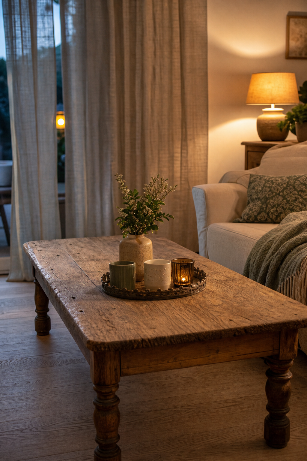 Gealterter Couchtisch vor Leinenvorhängen Wohnzimmer Shabby Chic