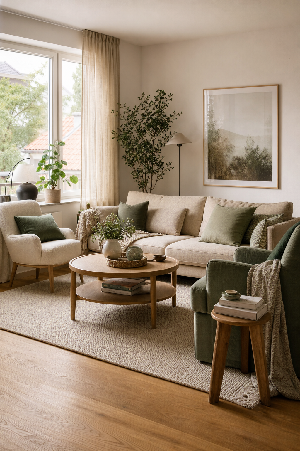 Gemütliche Sitzgruppe mit beigem Sofa