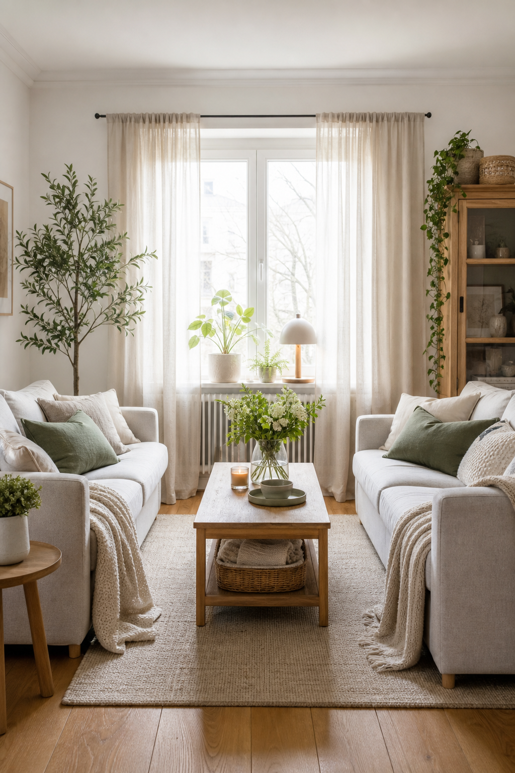 Gemütliche Sitzgruppe mit neutralen Sofas