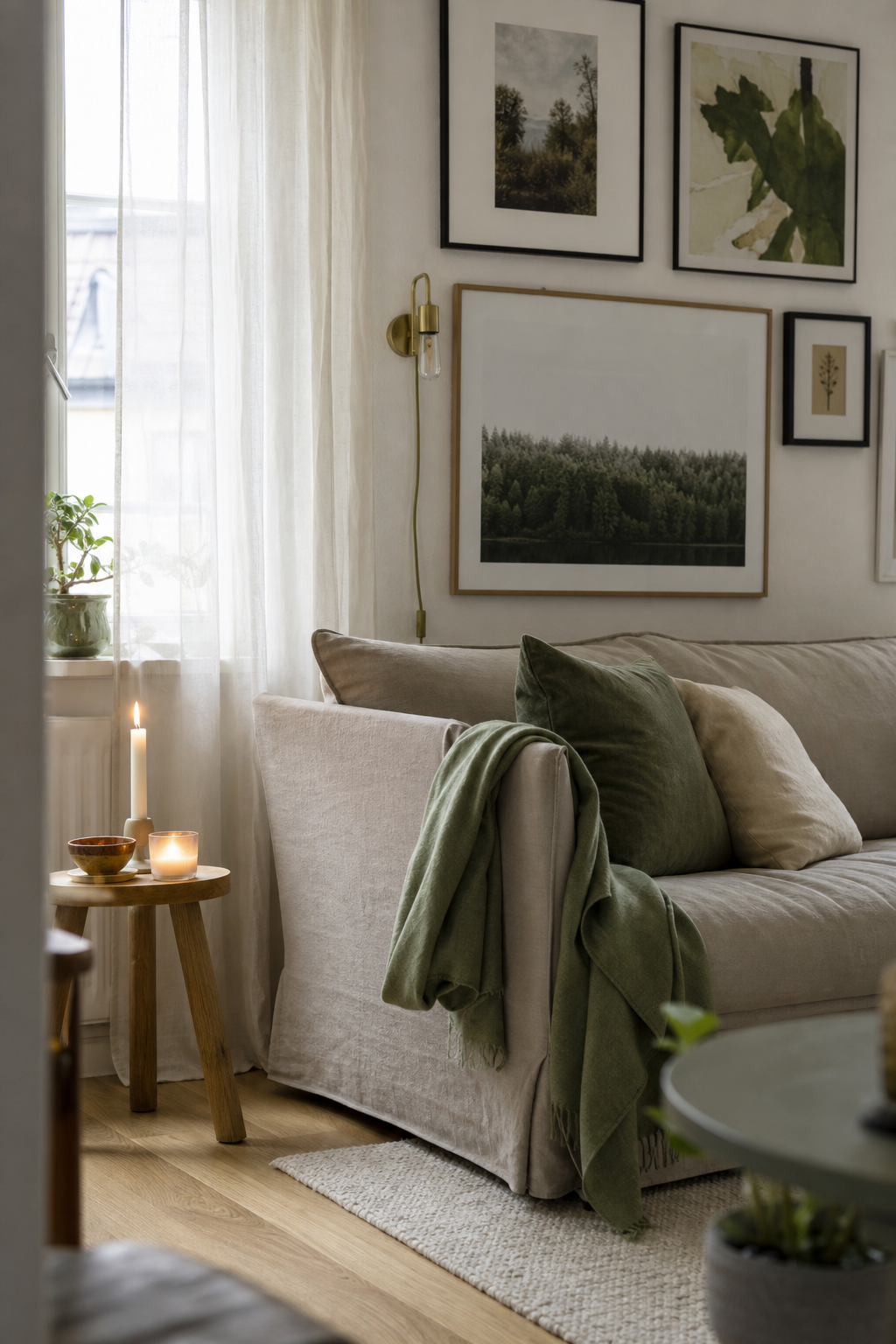 Sofaecke vor grüner Bilderwand mit Kerzen