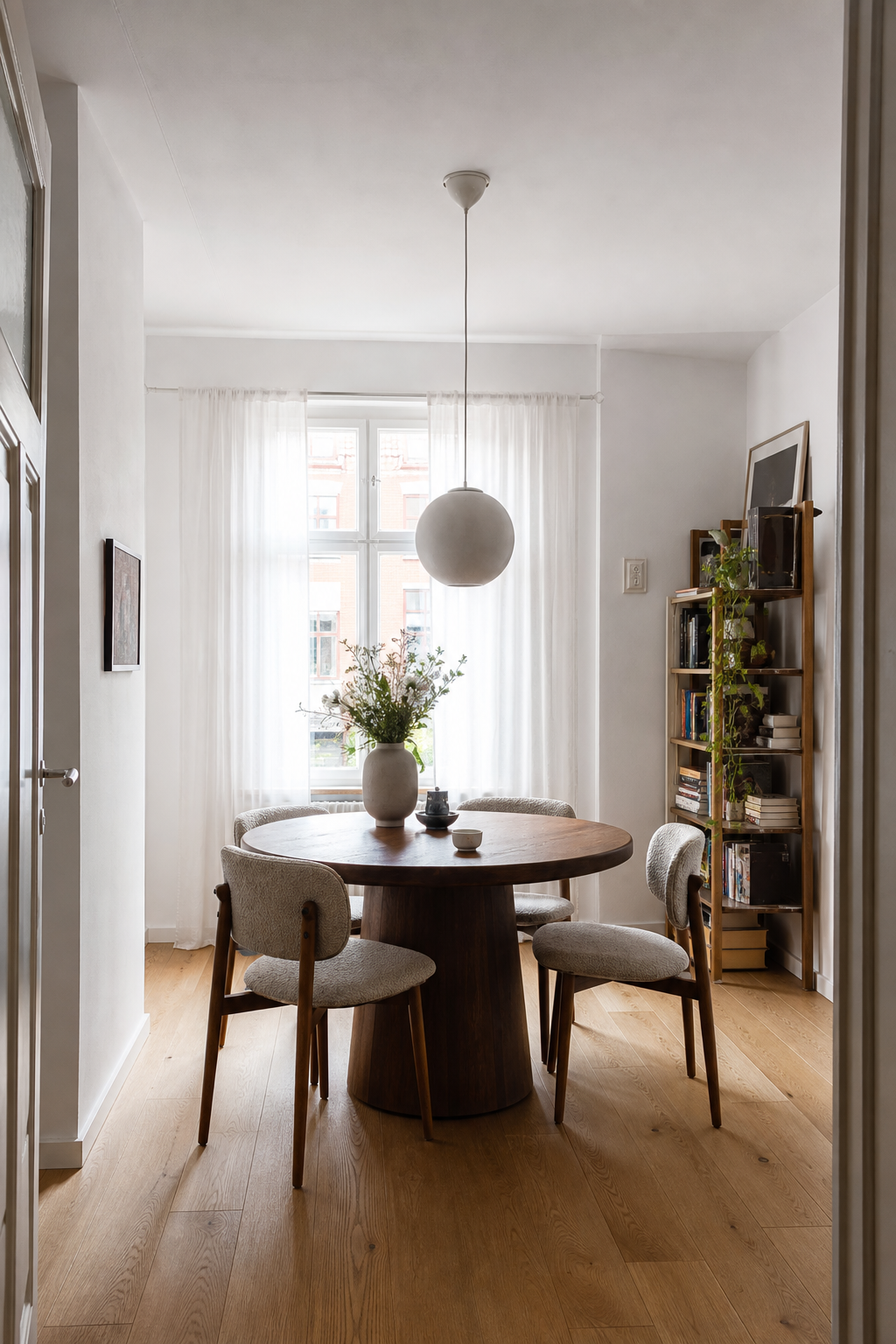 Kleiner Essbereich mit Nussbaumtisch und Regal