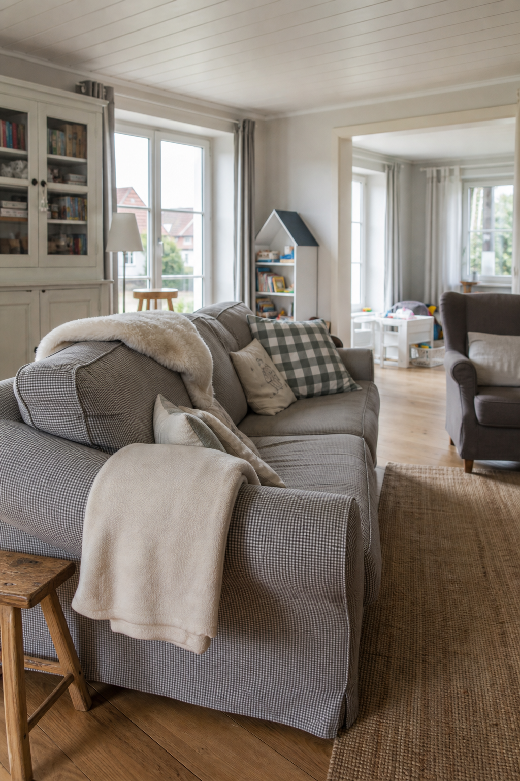 Familienraum mit langem Sofa seitlich