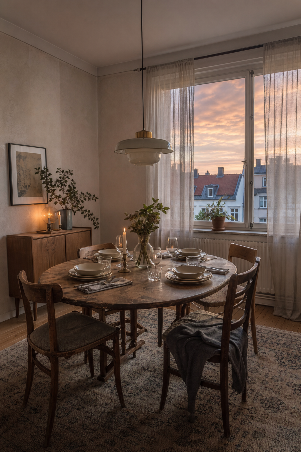 Runder Vintage-Esstisch im Abendlicht