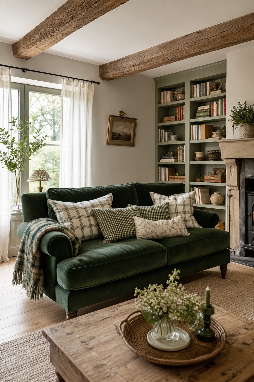 salbeigrünes ecksofa im farmhouse wohnzimmer