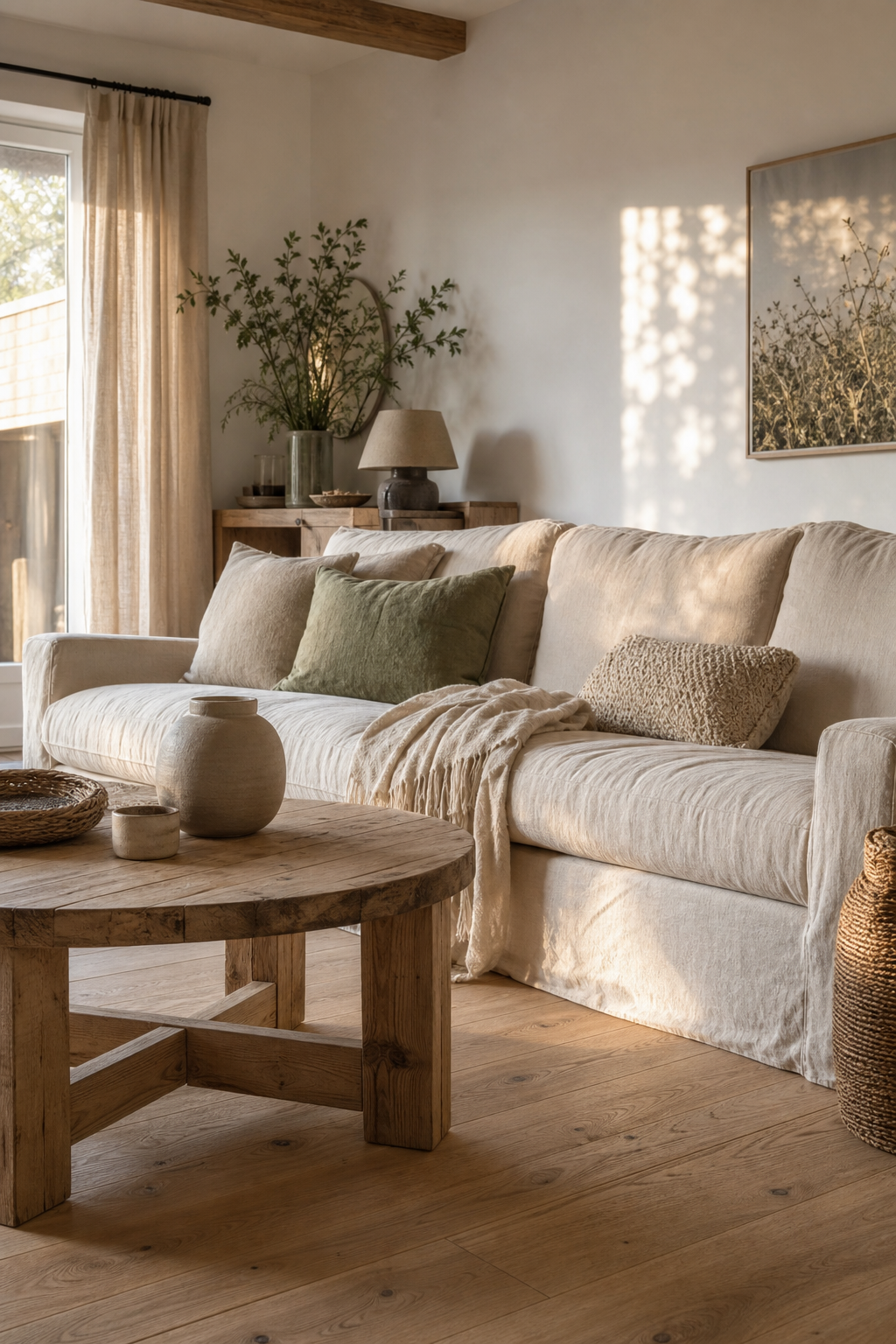 breites Leinen-Sofa im skandinavischen Wohnzimmer