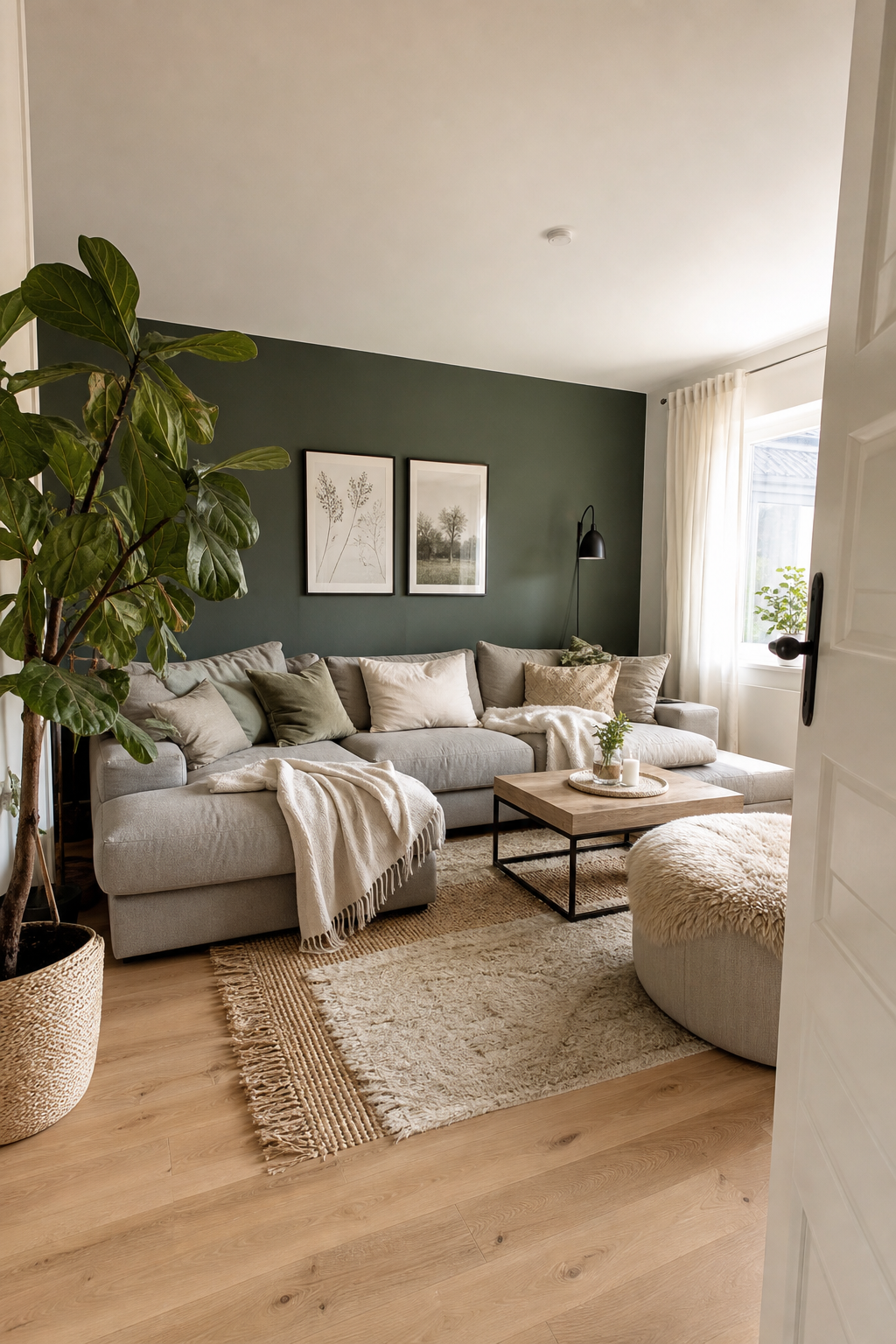 Wohnzimmer mit dunkler grüner Wand