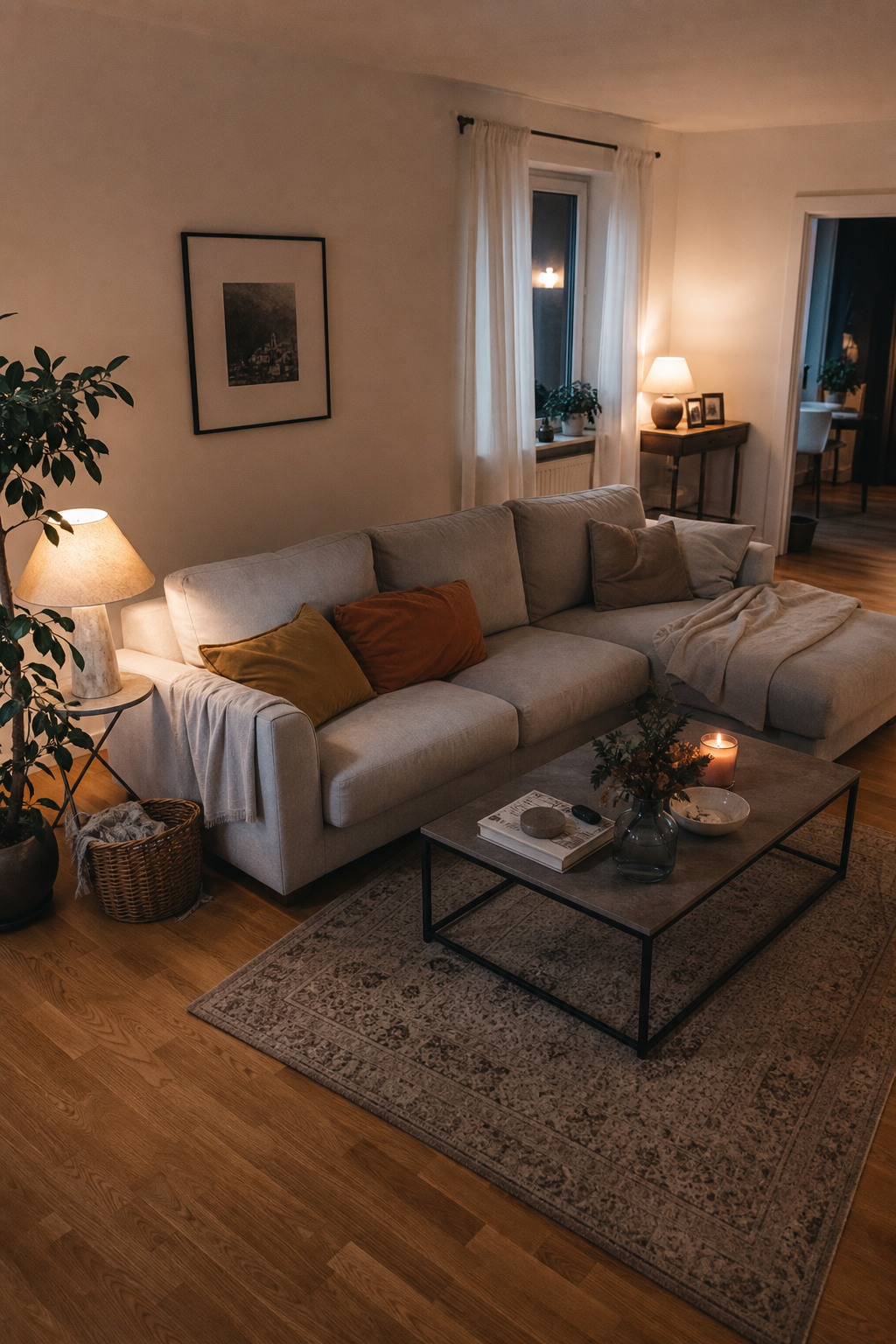 hellgraue couch im wohnzimmer frontalansicht