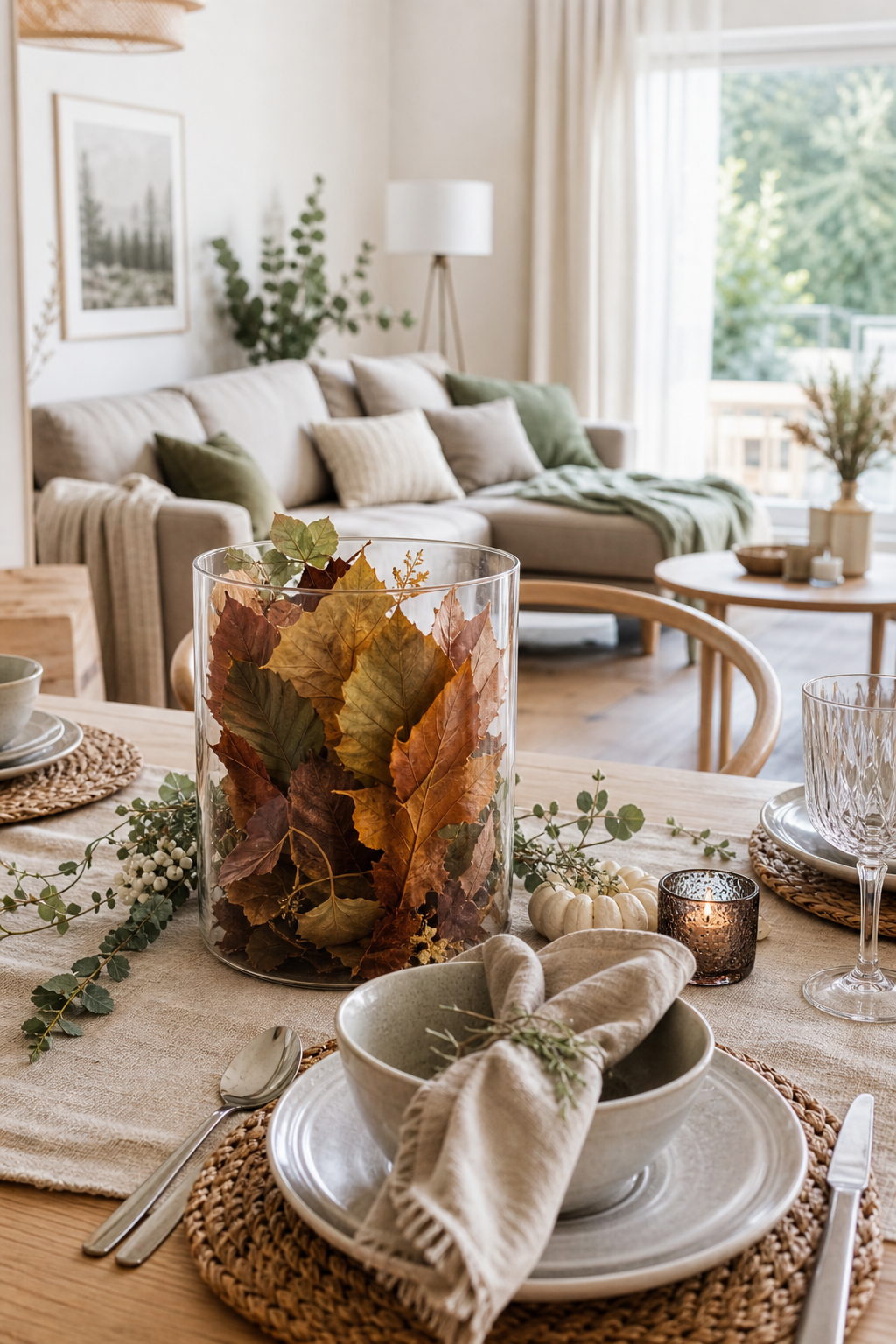 Glaszylinder mit Herbstblättern auf naturfarbener Tafel