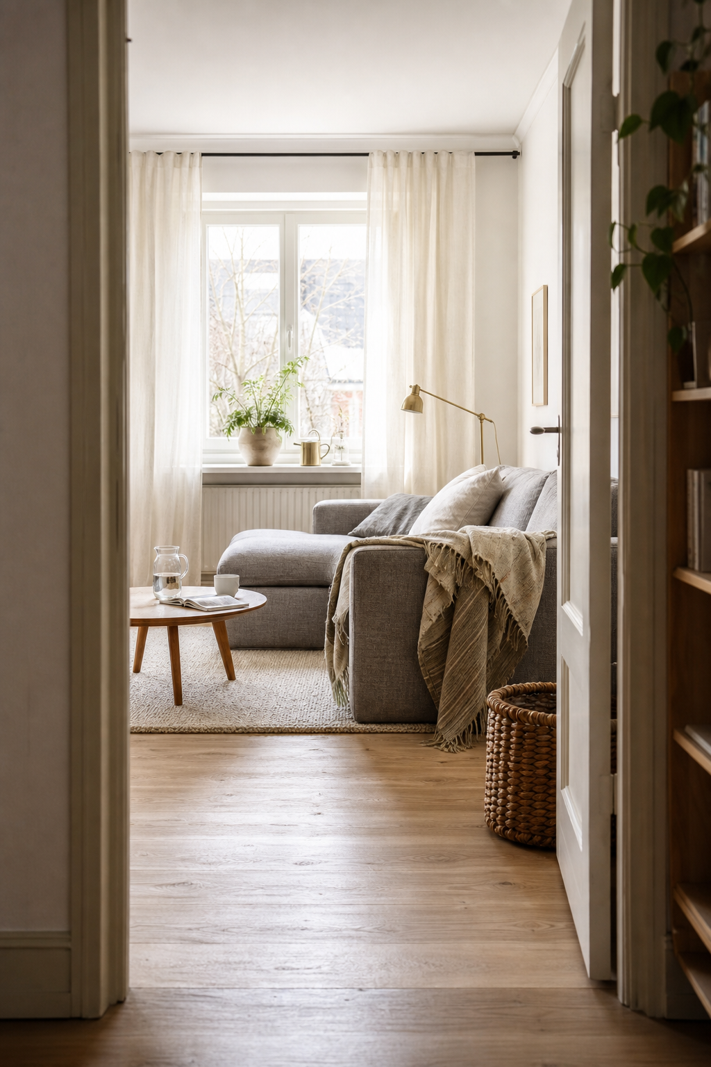 Graues Sofa auf hellem Holzboden