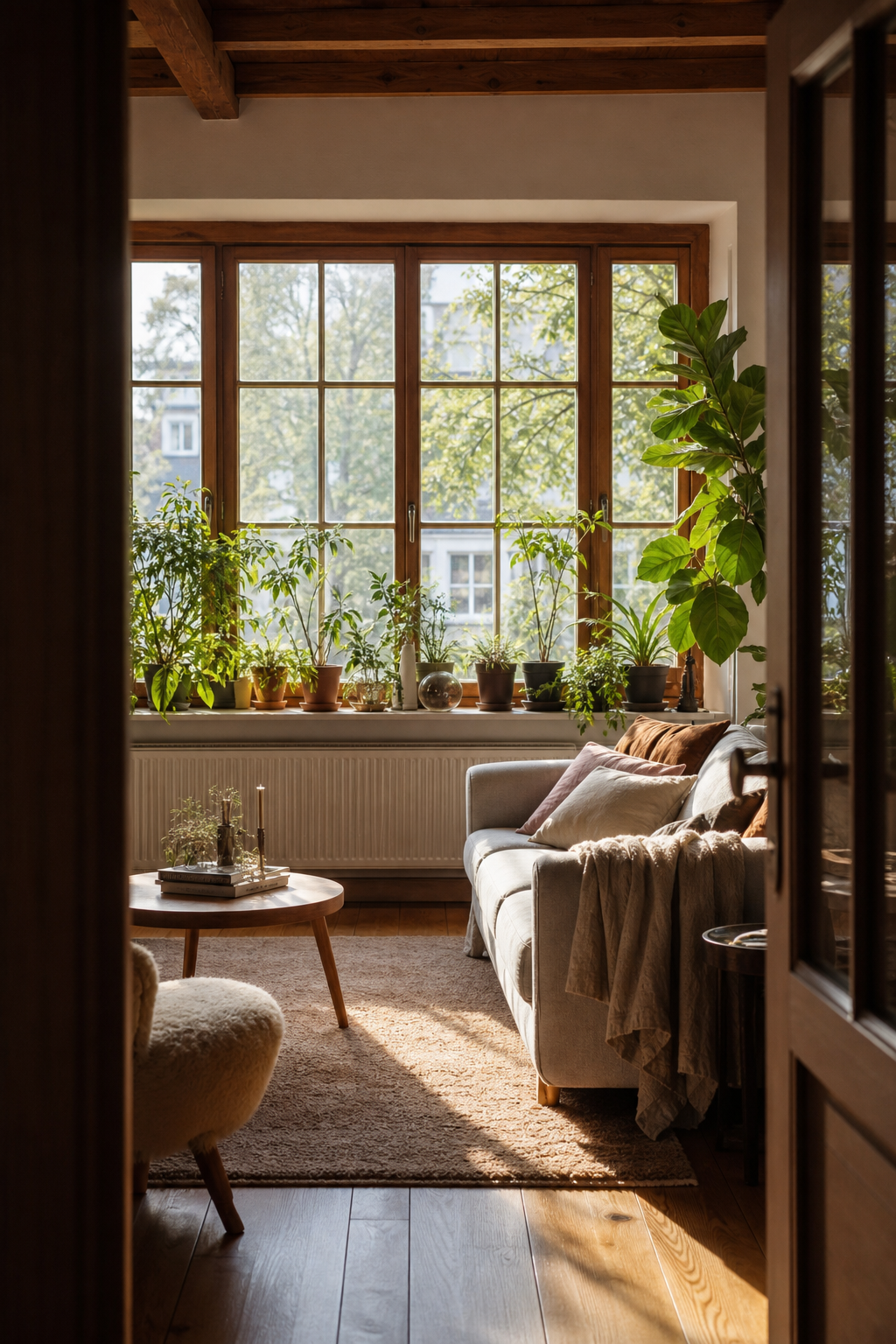 Wohnzimmer mit Fenstern, dunklem Holz, Pflanzen