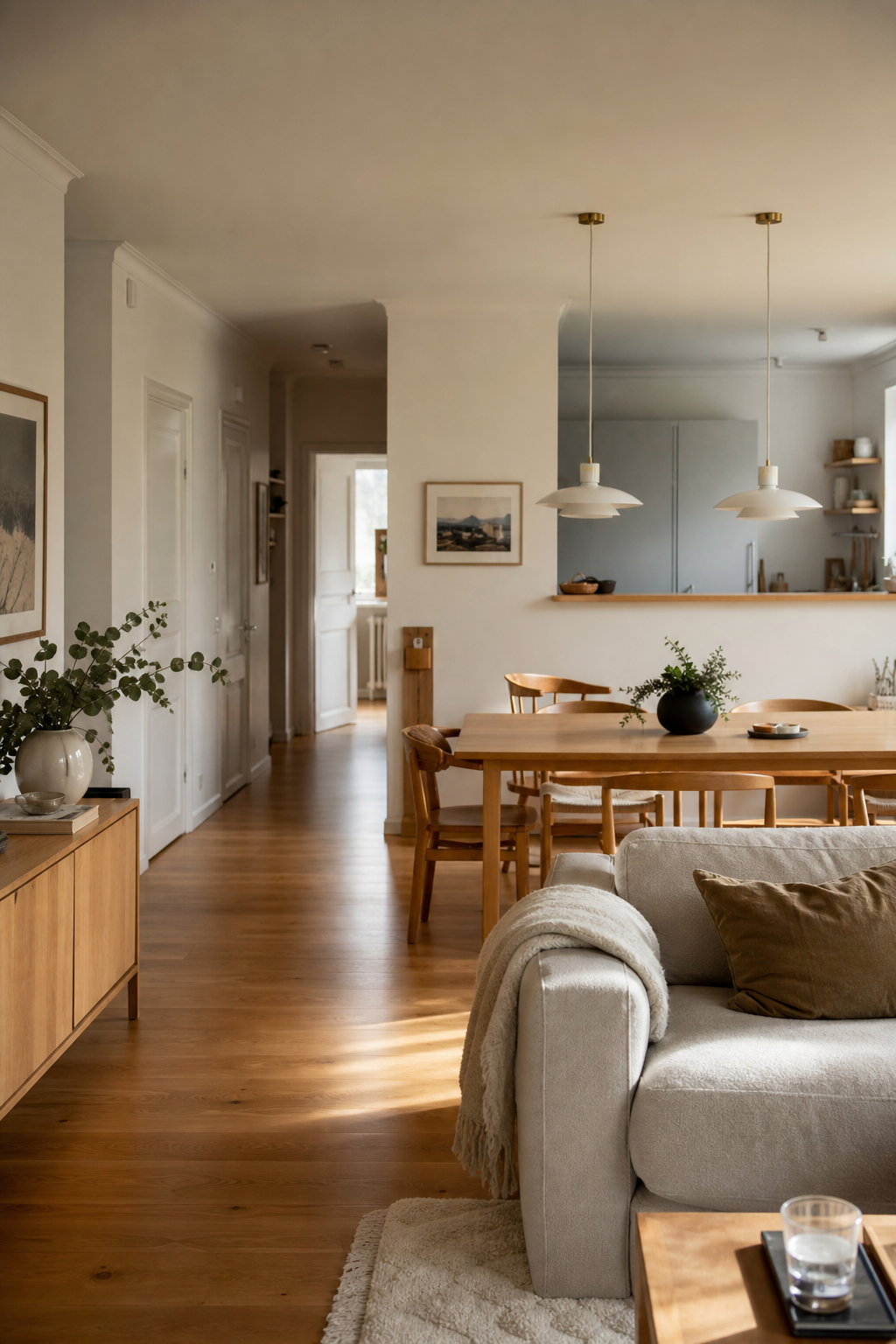 Große rattanpendelleuchte über couchtisch