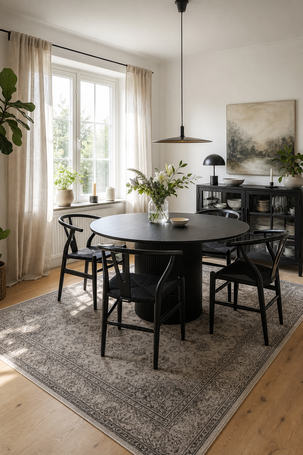 großer teppich unter rundem schwarzen tisch