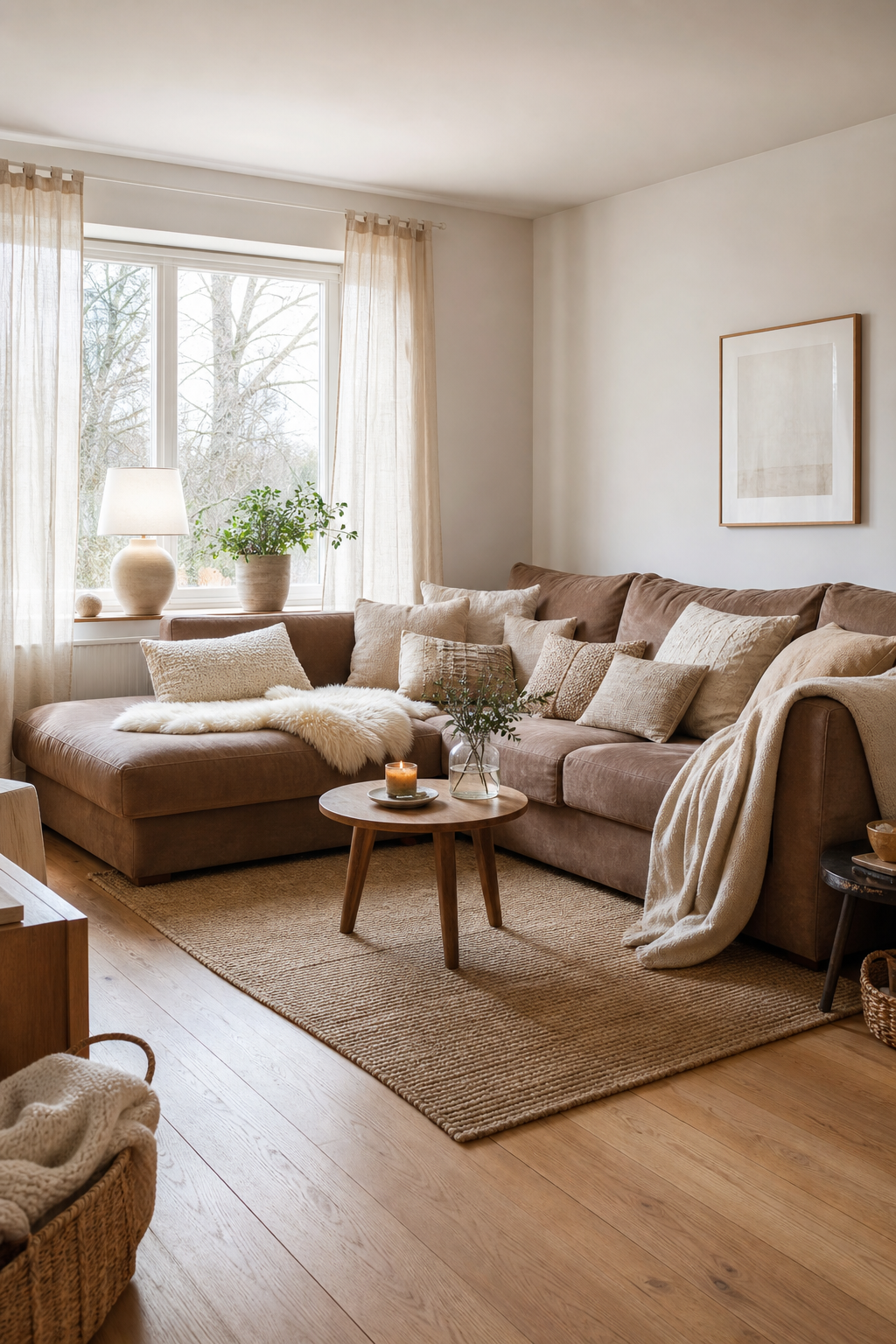 großes ecksofa braun beige wohnzimmer