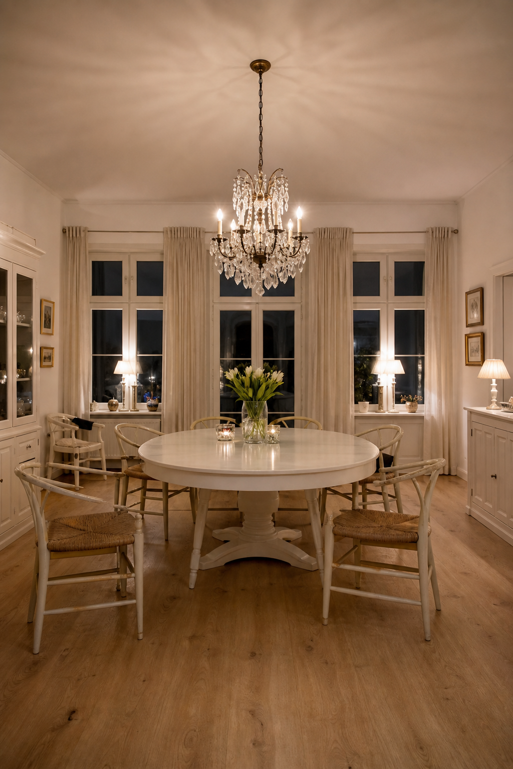 großes esszimmer weißer runder tisch kronleuchter
