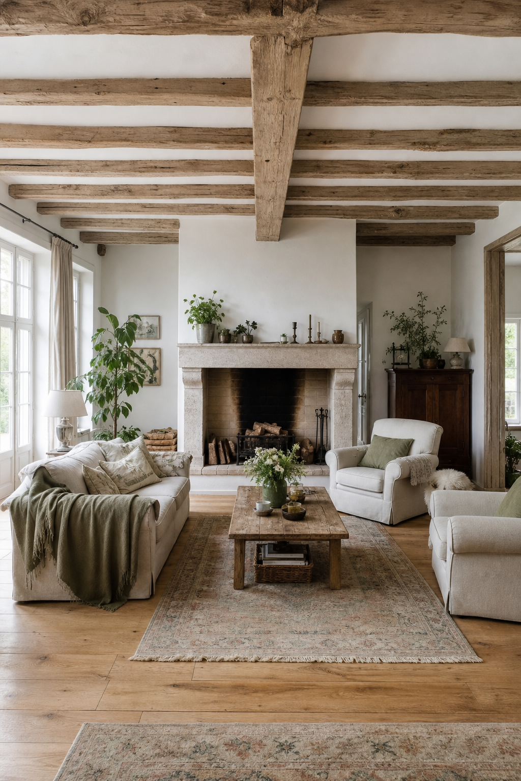 großes wohnzimmer mit kamin und balken