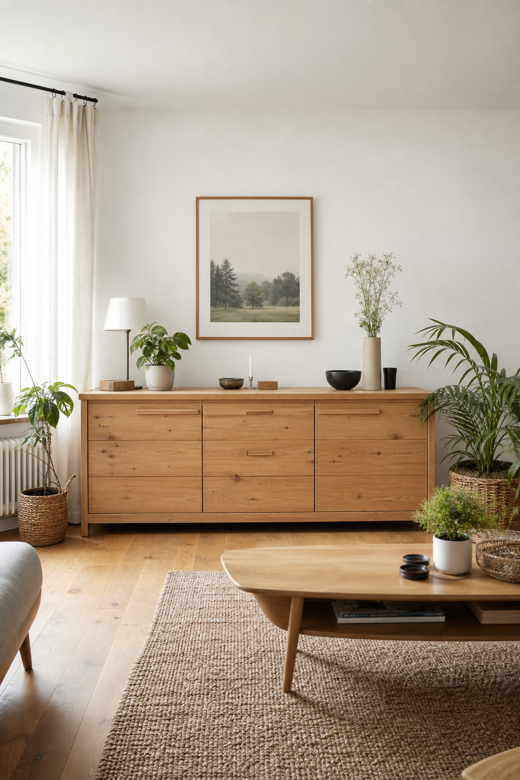 Helles Holzsideboard im skandinavischen Wohnzimmer