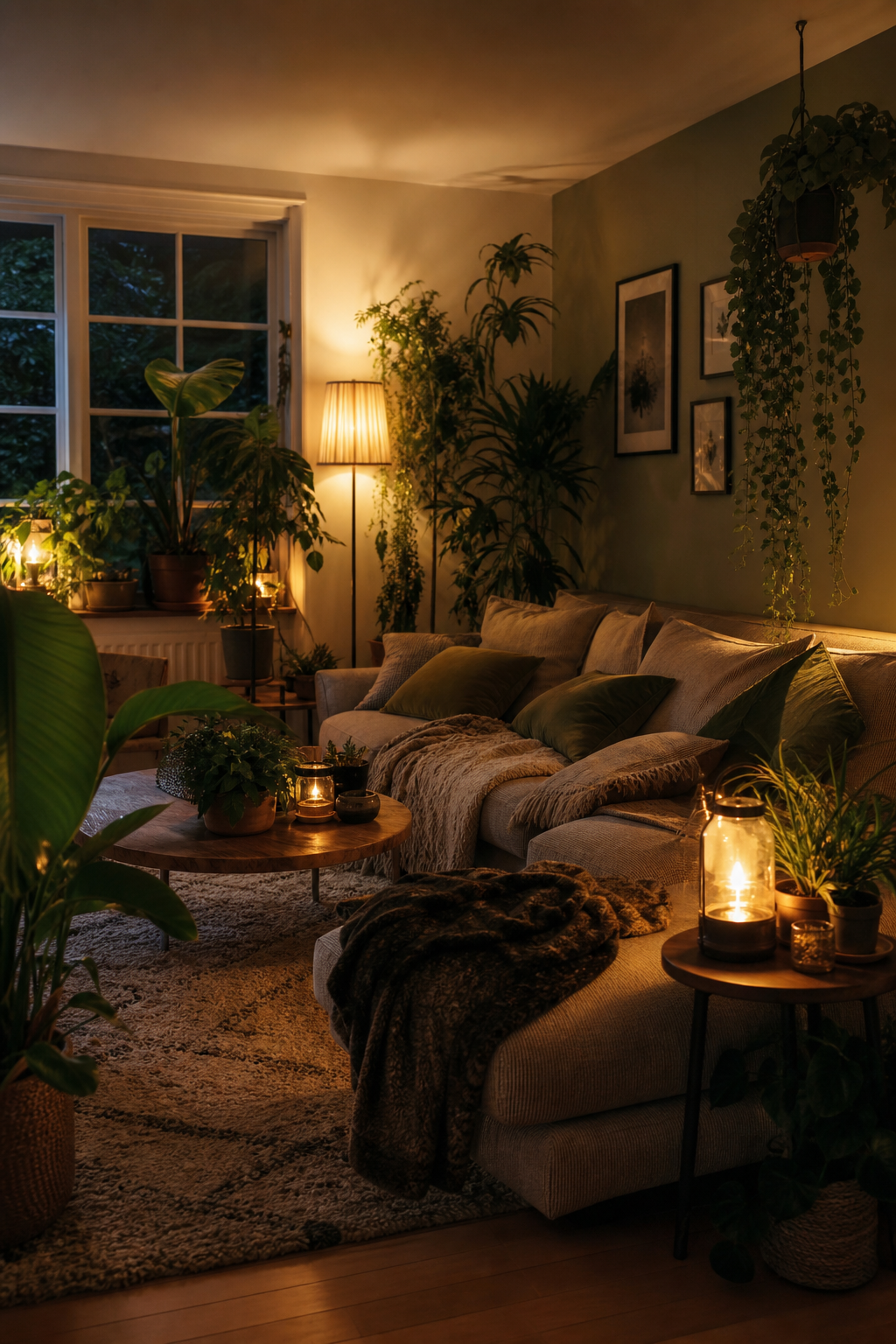 Großes Sofa mit vielen Zimmerpflanzen im Wohnzimmer
