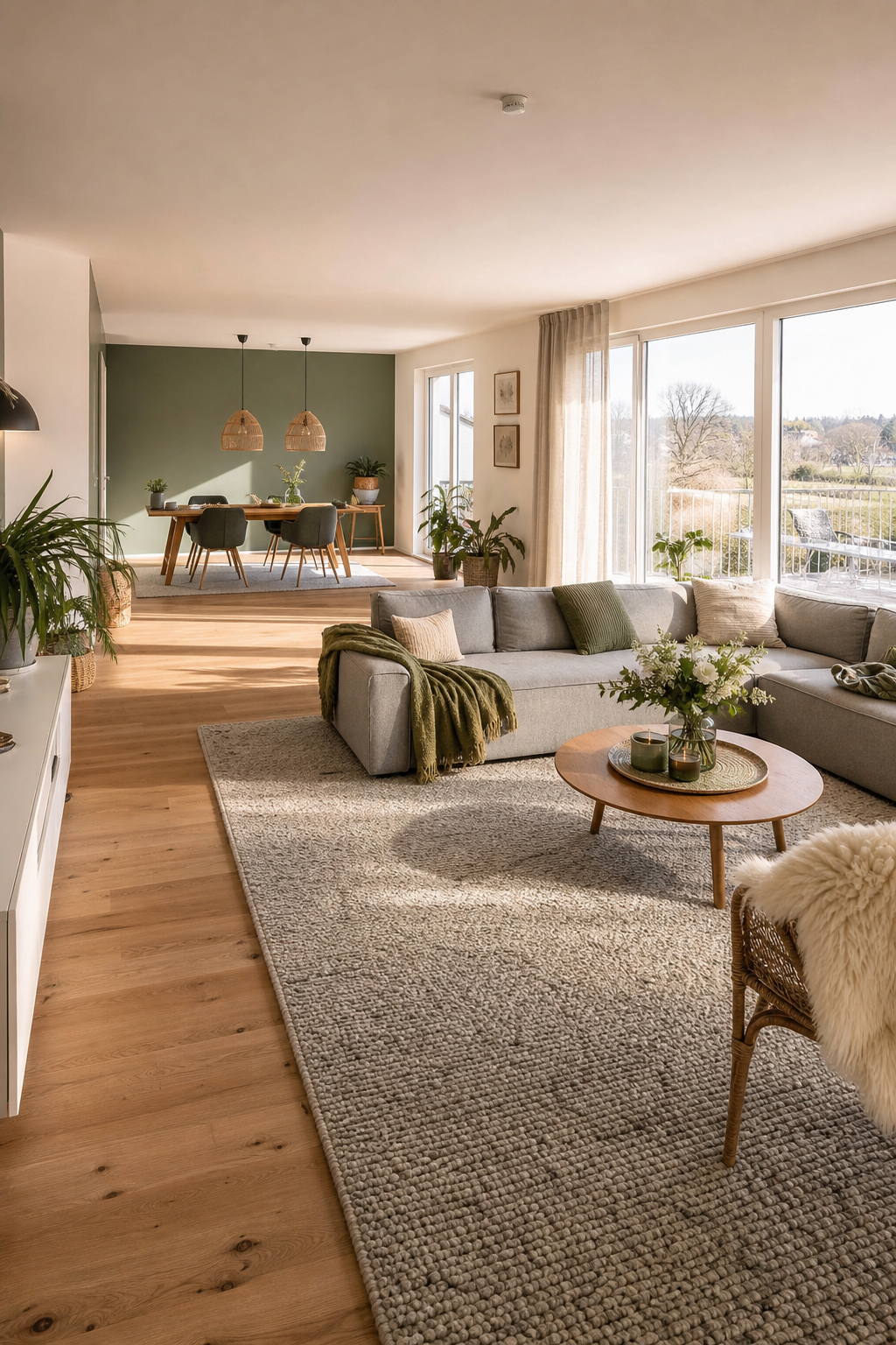 Großes Wohnzimmer mit grüner Wand und Panoramafenstern