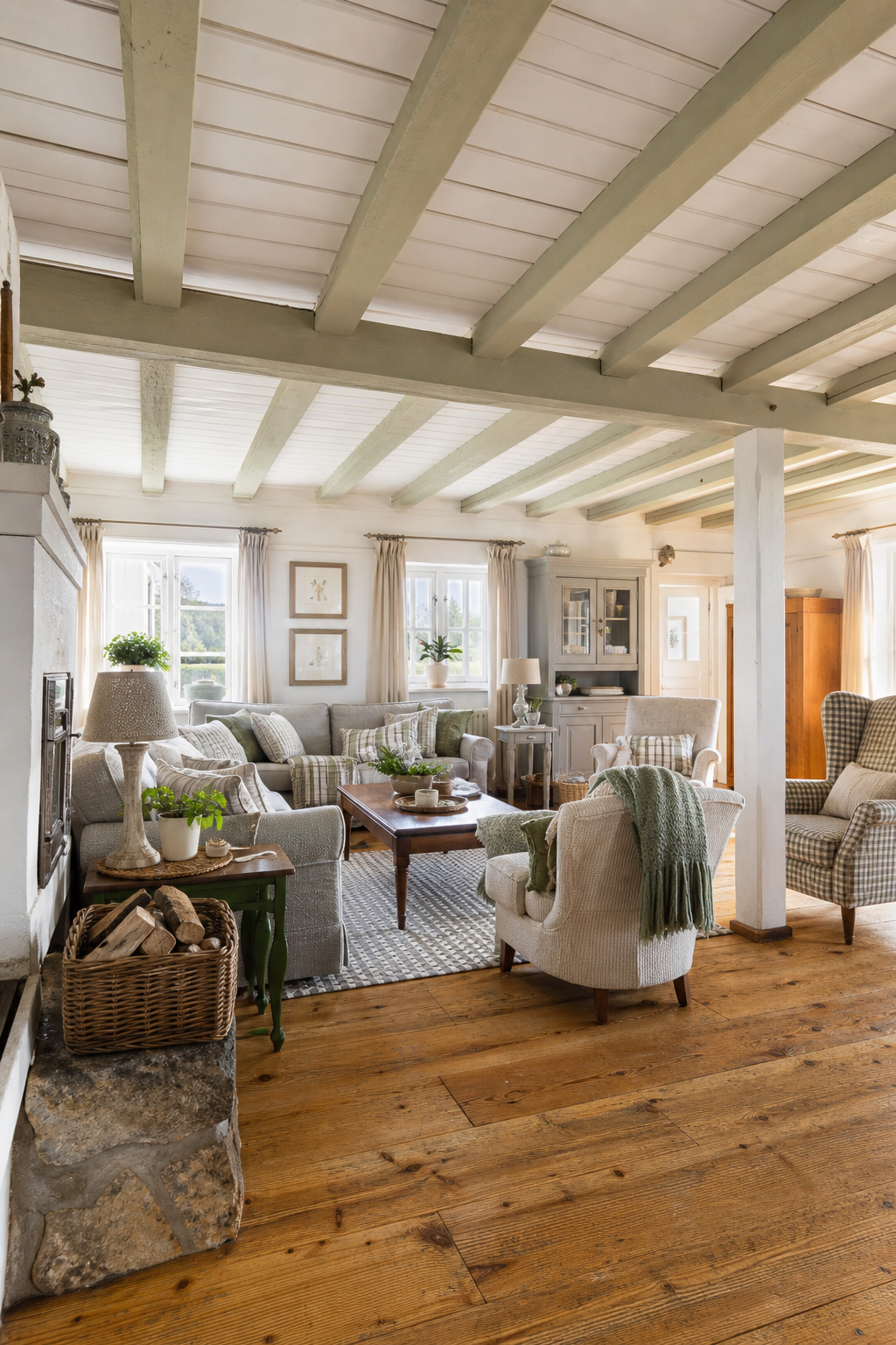 Großes Wohnzimmer mit sichtbaren Holzbalken