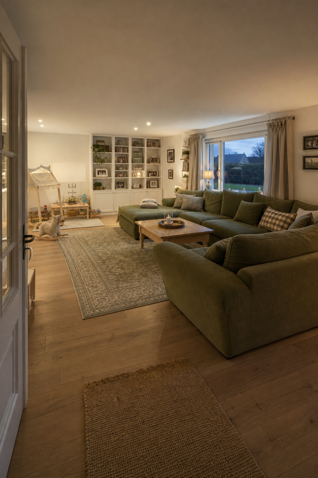 Grün-beiges Landhaus-Wohnzimmer mit Sofa