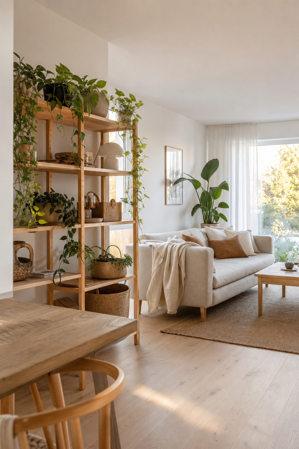 Pflanzen auf Holzregal im Wohnzimmer