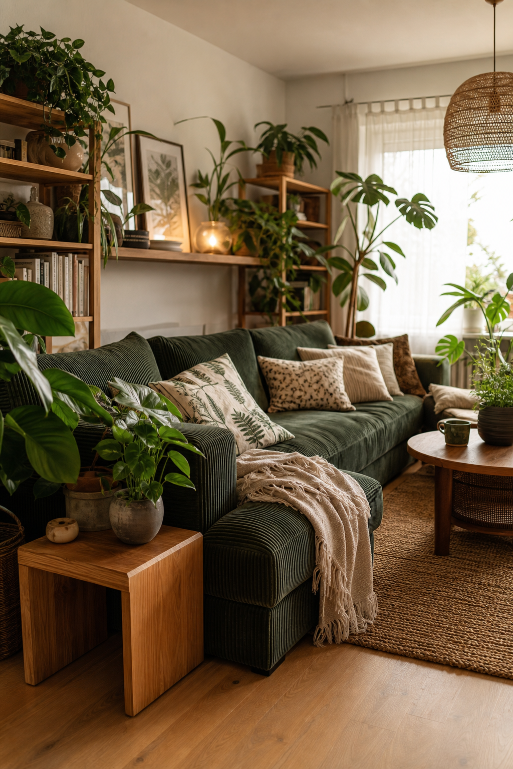grünes cord sofa mit holzregalen