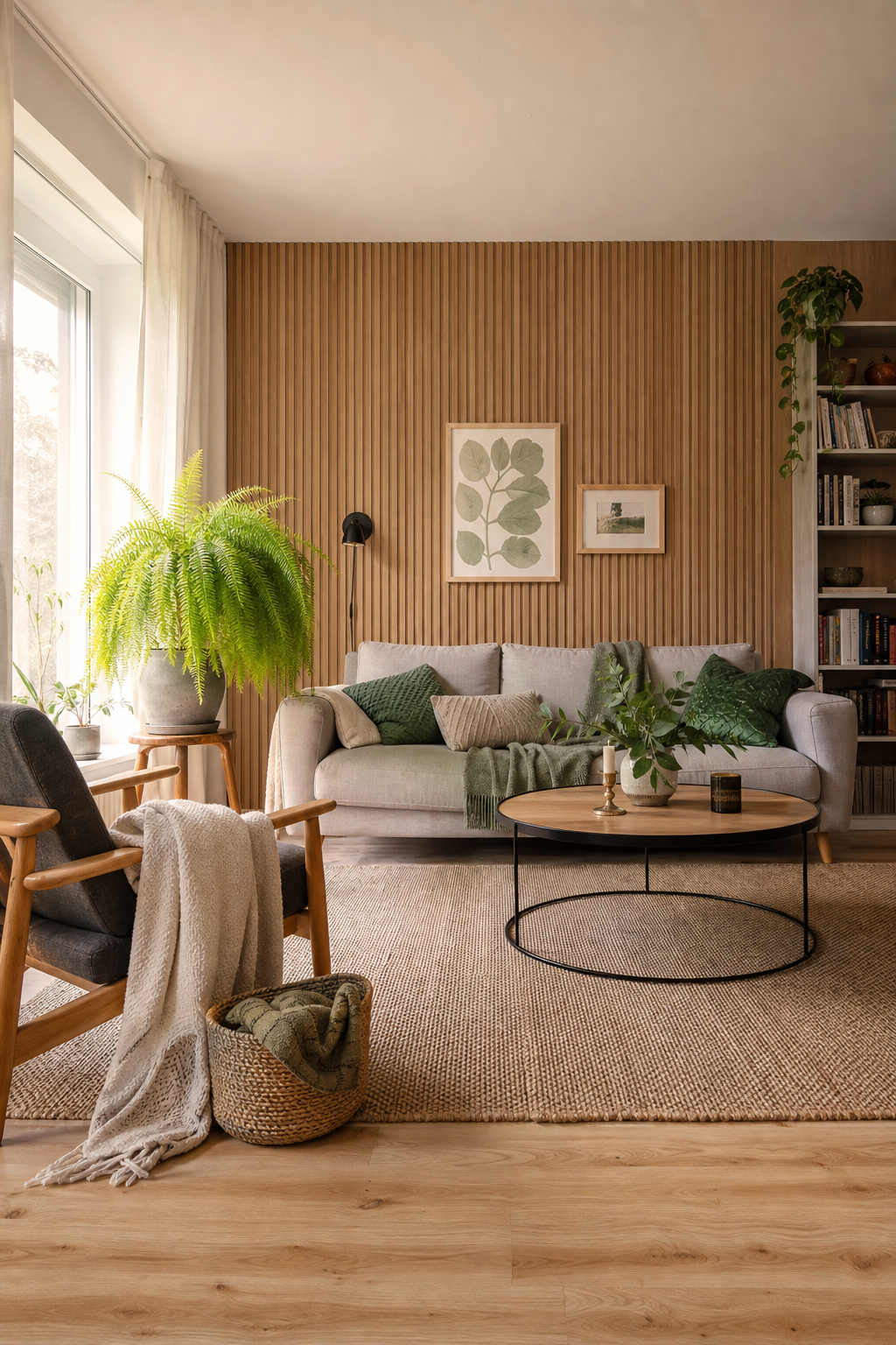 Wohnzimmer mit Holz-Akzentwand und Farn