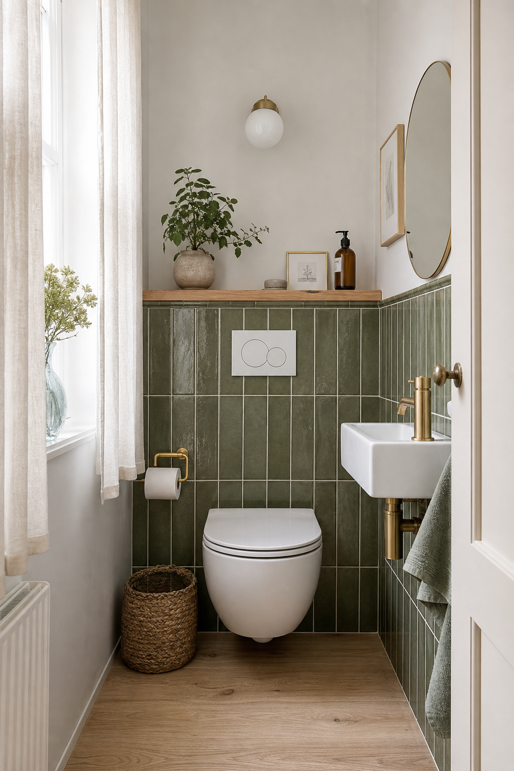 Mini Gäste-WC halbhoch grüne Fliesen Goldakzente