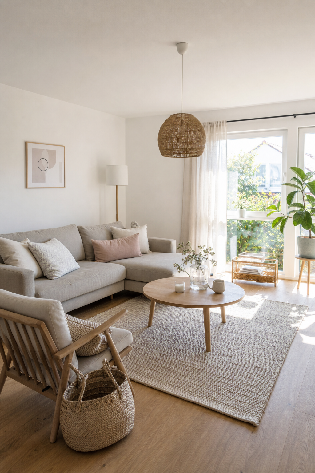 hellbeiges Wohnzimmer mit weißen Wänden