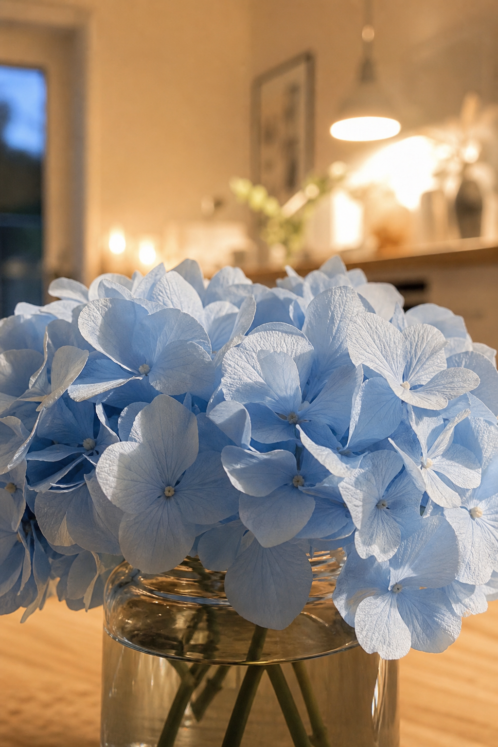 hellblaue papierhortensien in glasvase