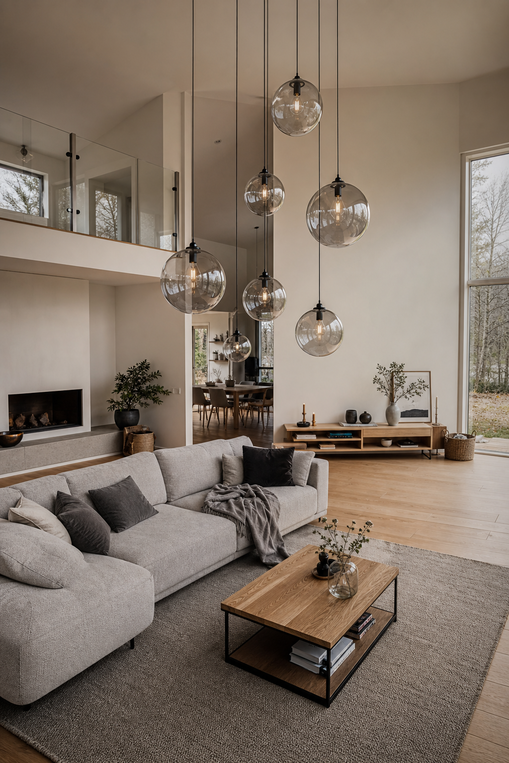 helle bodenlampe mit leinenschirm neben sofa
