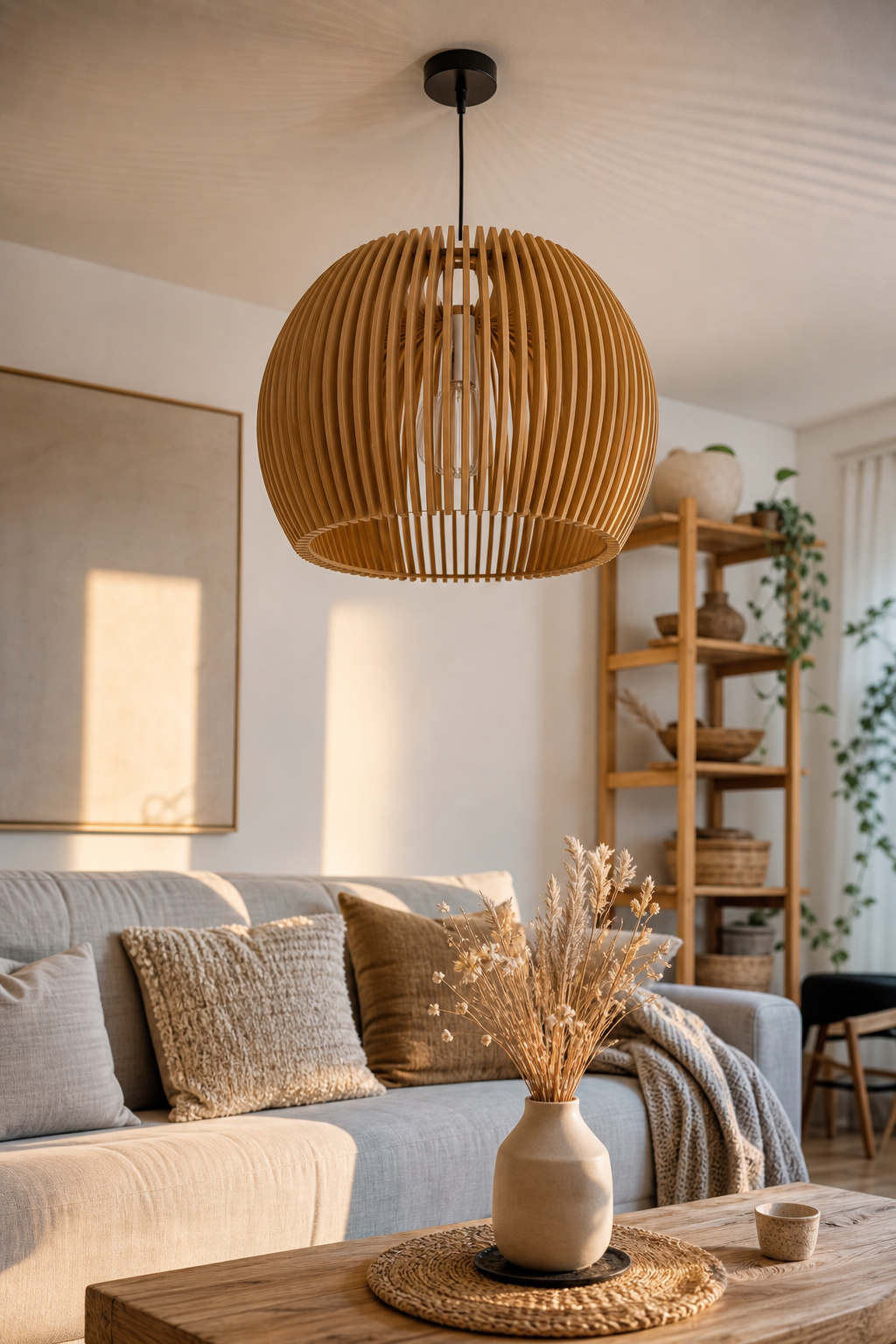 Drei Papierlampen über Sofa, skandinavisch