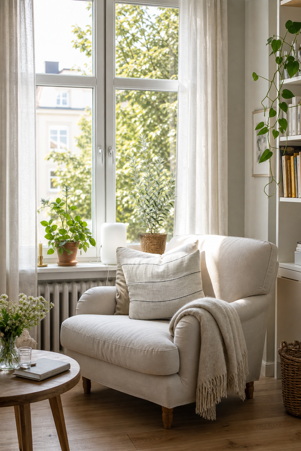 heller Sessel am Fenster mit Kissen