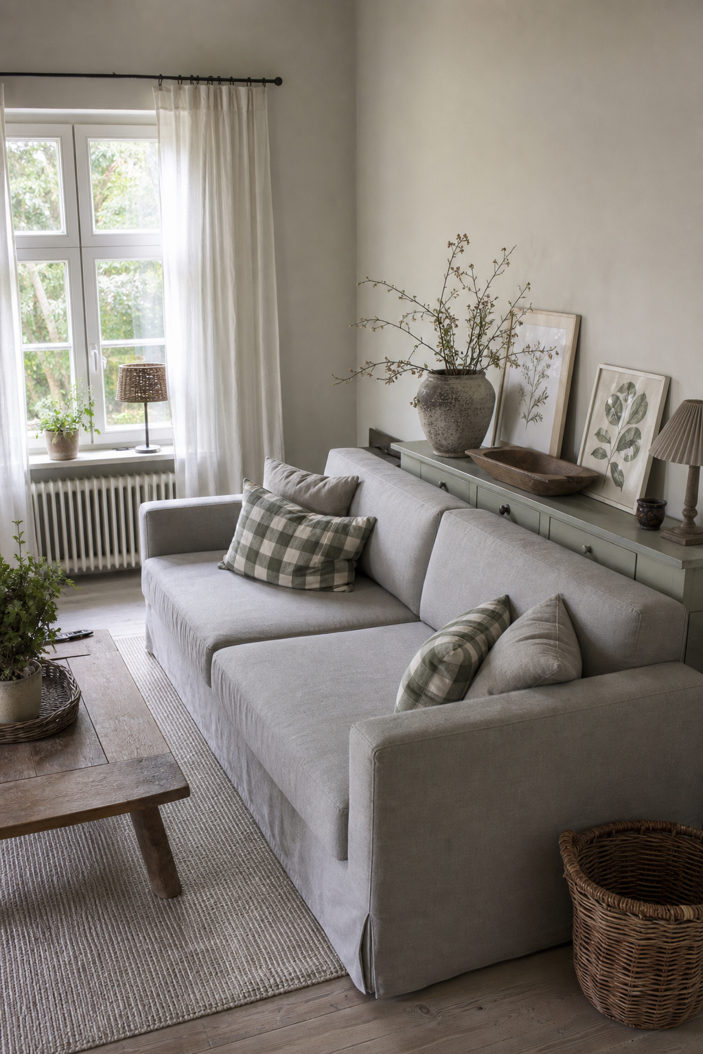 Helles Landhauswohnzimmer mit klarem Sofa
