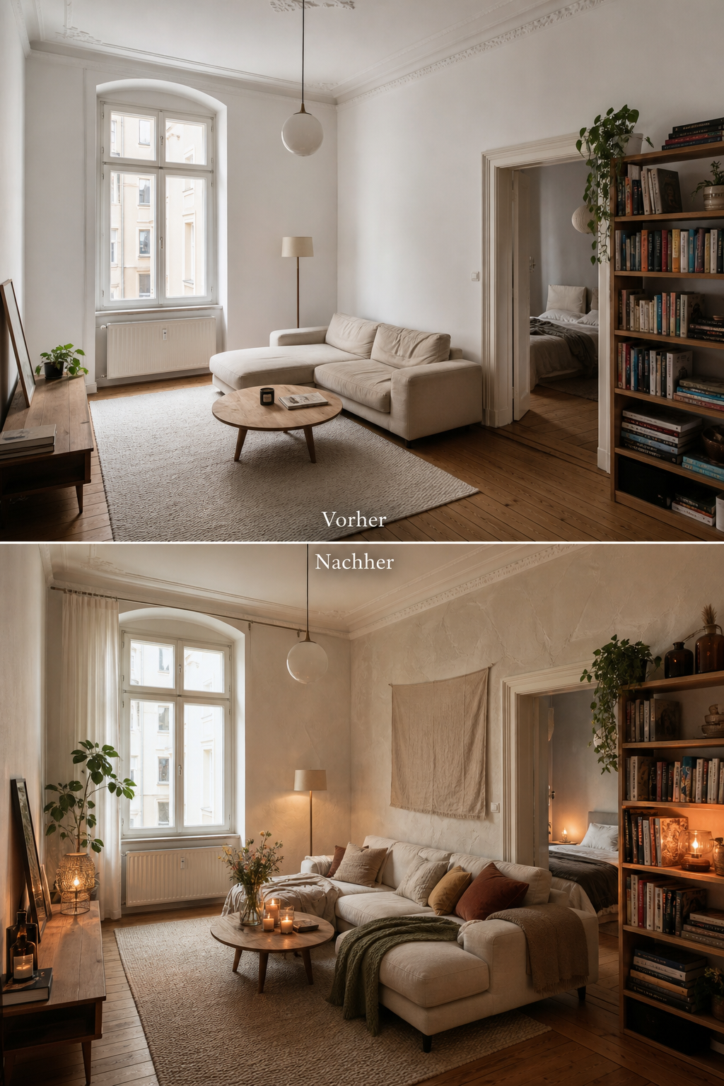 Altbau Wohnzimmer vorher nachher Texturwand
