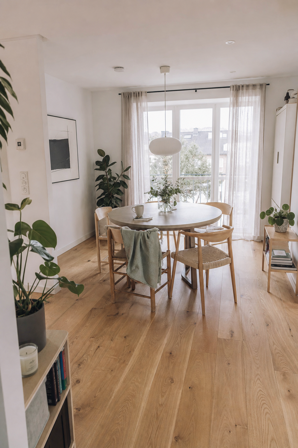 Heller kleiner Essbereich mit rundem Tisch