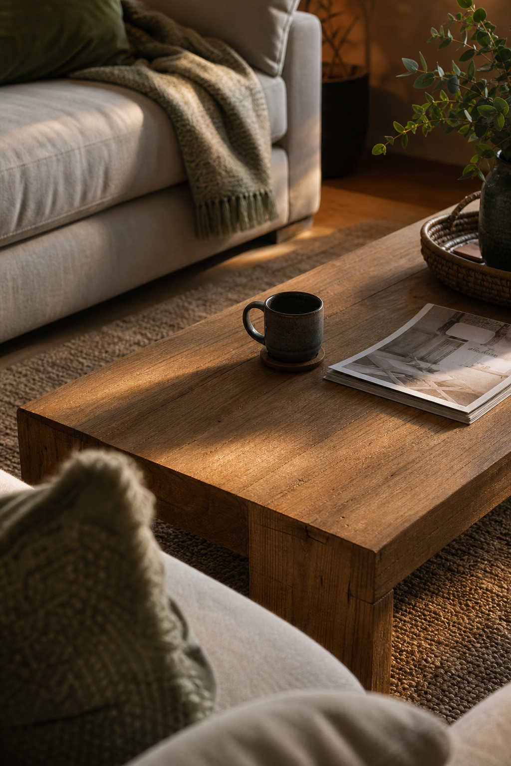 Heller Holztisch mit Tasse und Zeitschrift