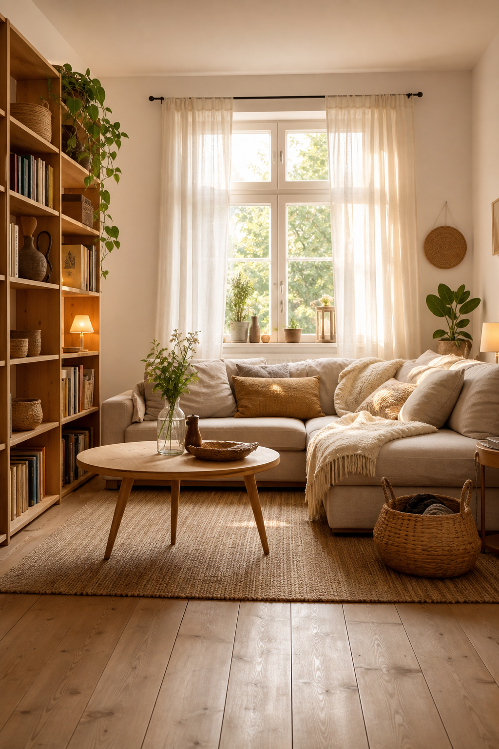 Heller Holzboden mit organischen Accessoires