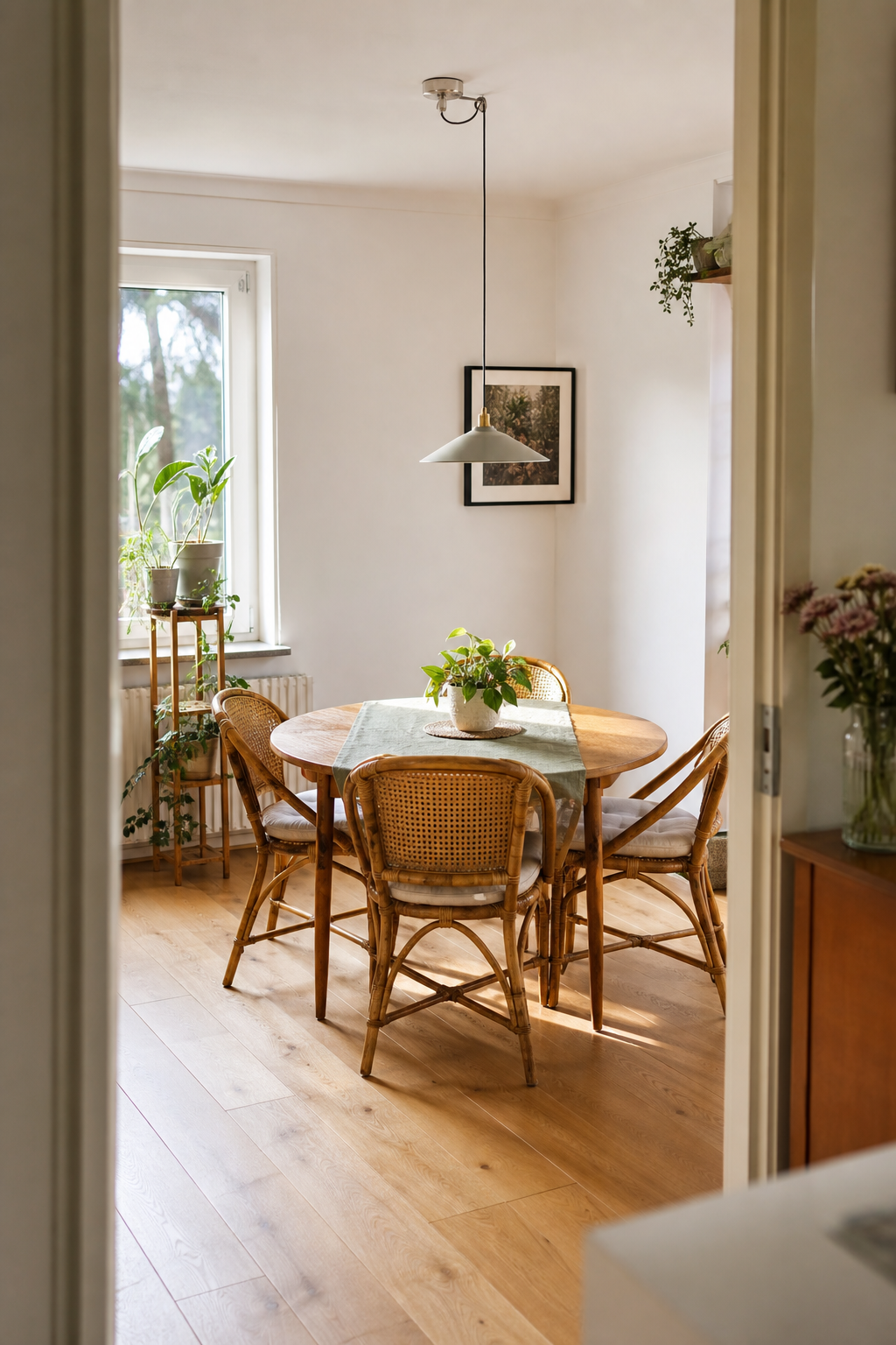Helles Esszimmer mit Rattanstühlen und Pflanzen