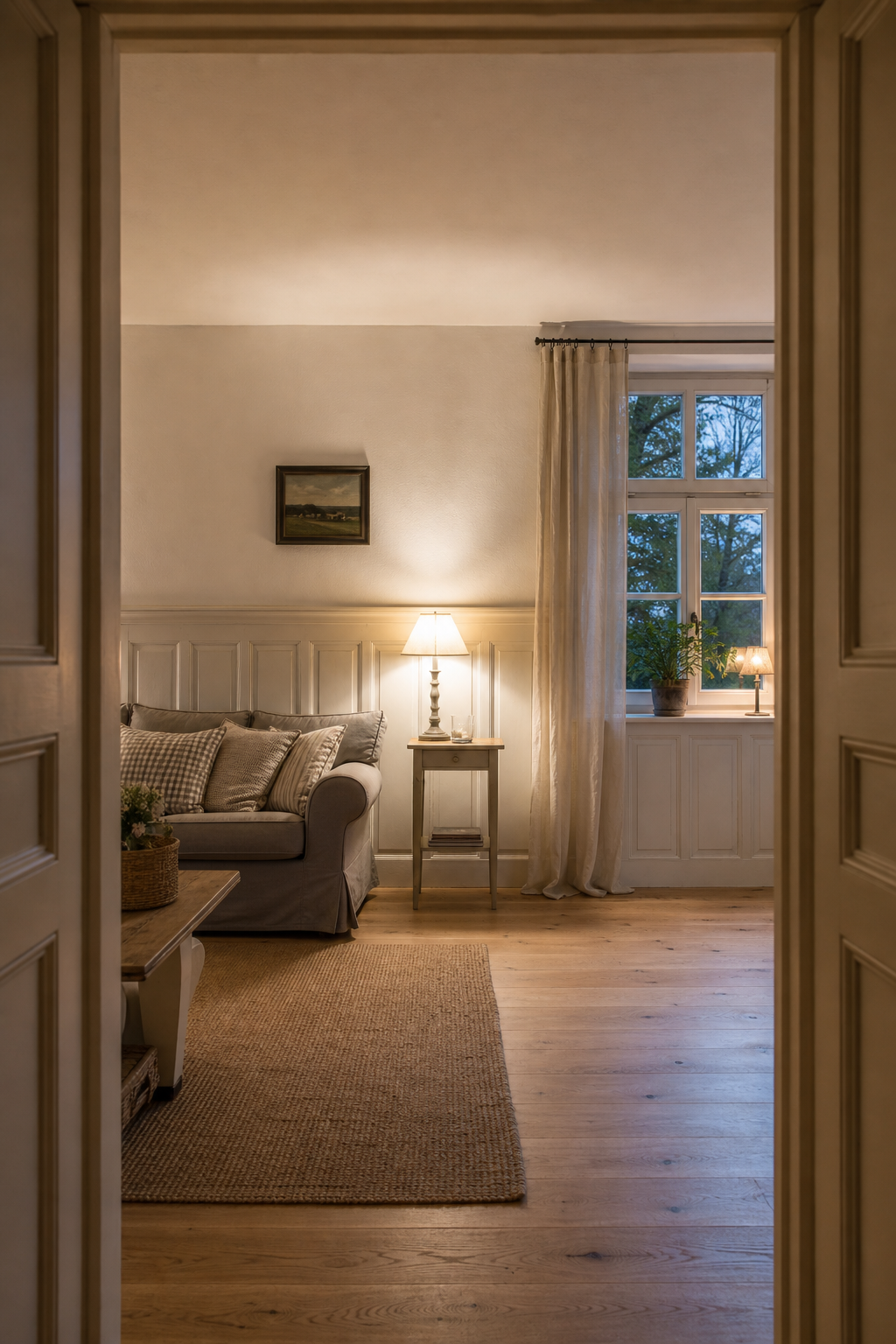 Helles Landhauszimmer weiße Wand Holzpaneele