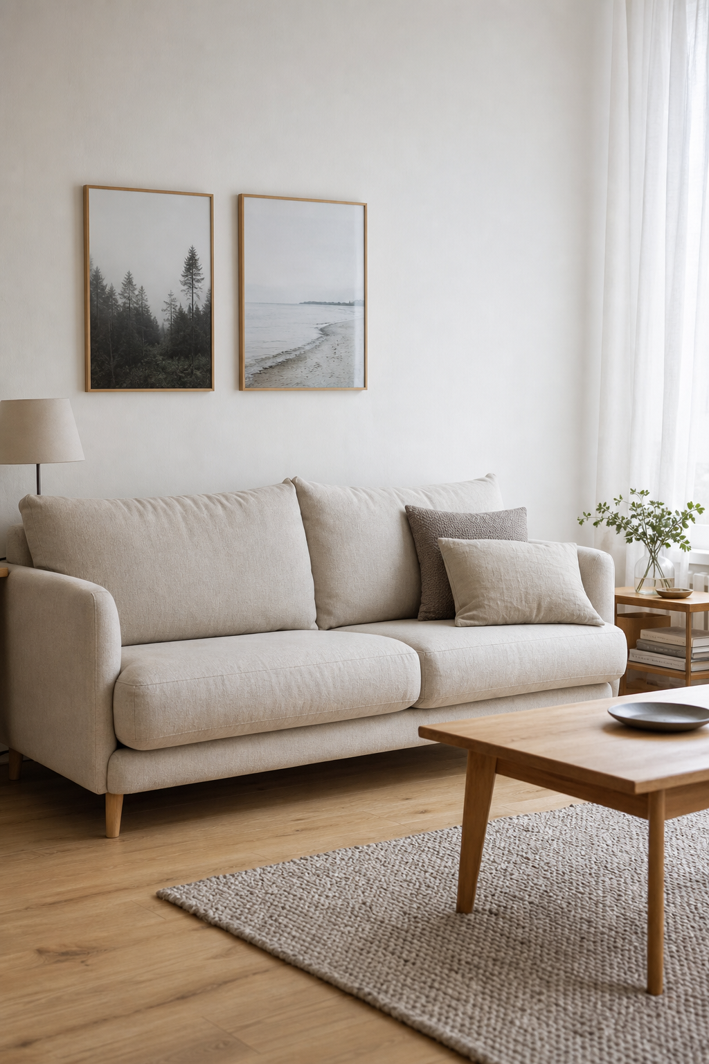 Helles nordisches Wohnzimmer mit beigem Sofa