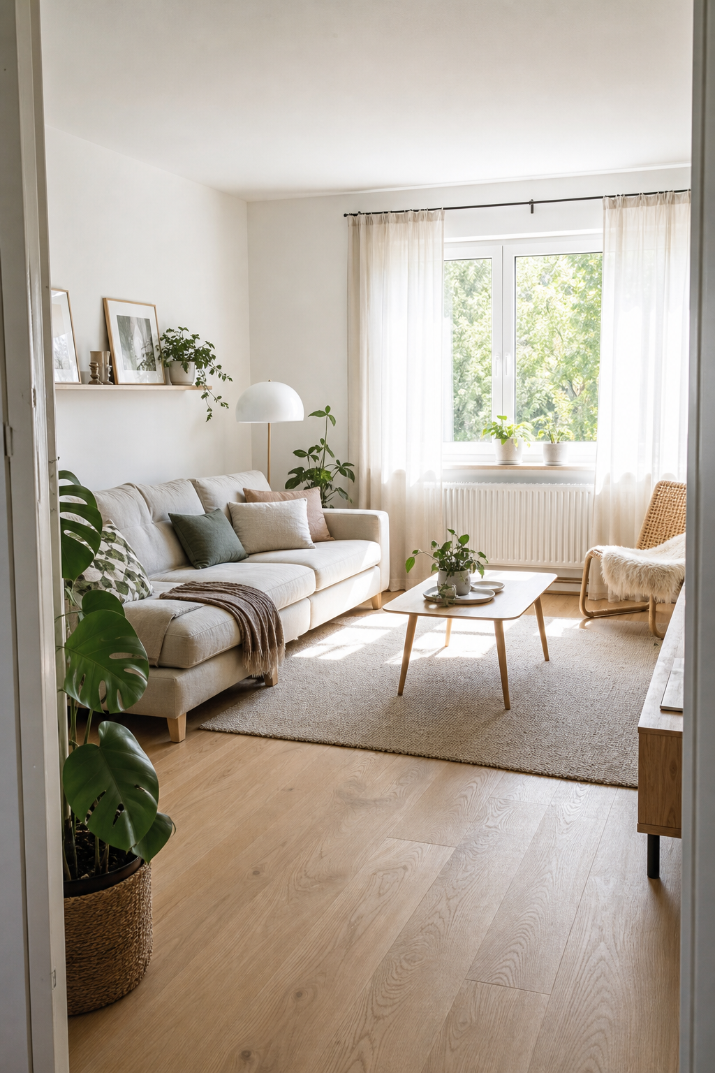 Skandinavisches Wohnzimmer mit Eichenboden