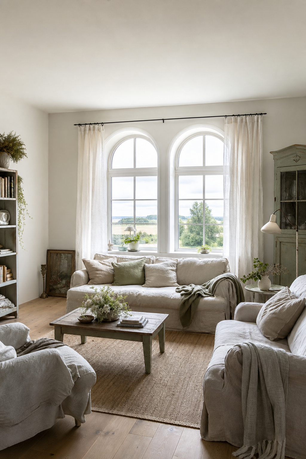 Helles Wohnzimmer mit bogenförmigen Fenstern