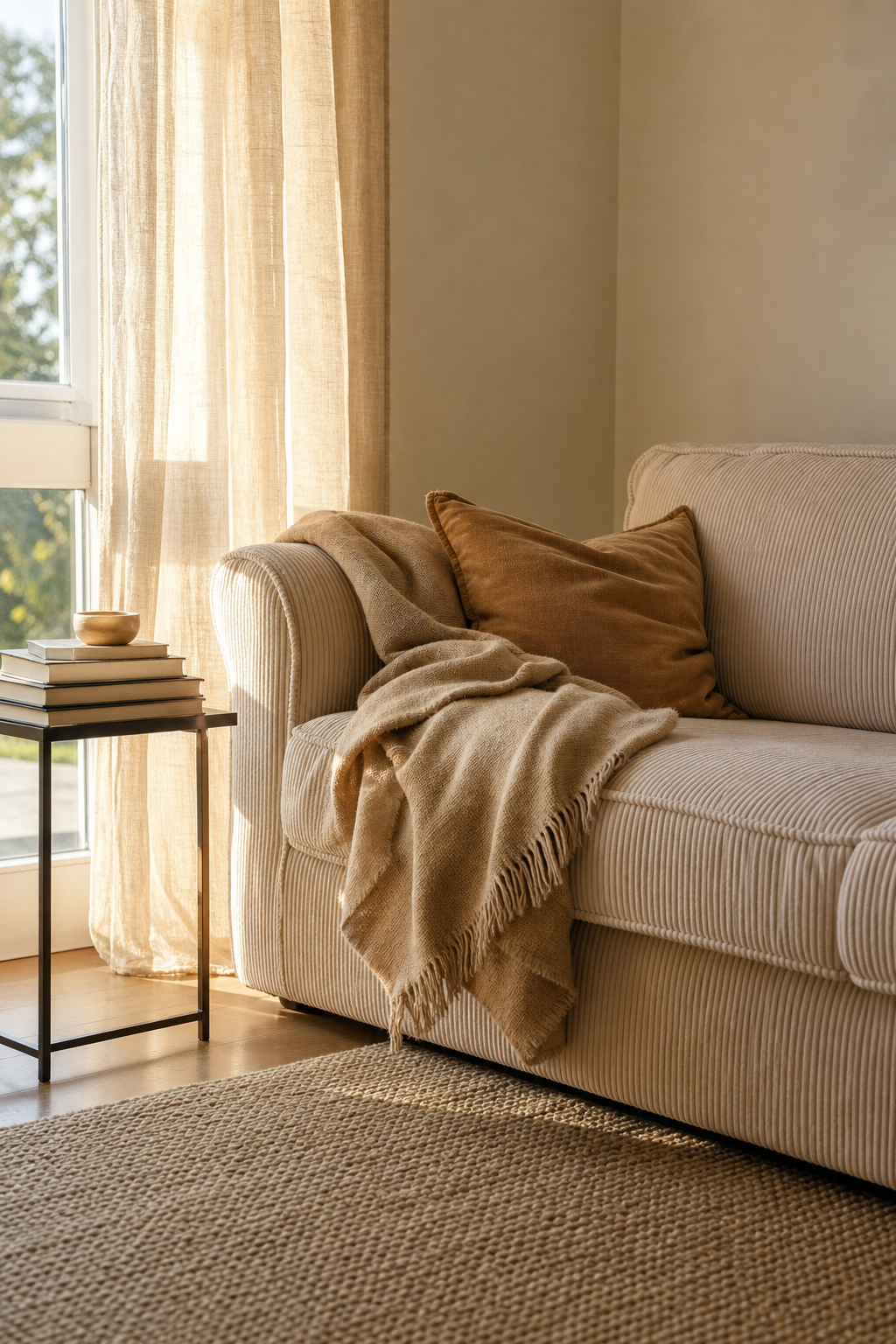 creme cord sofa mit leinenvorhängen