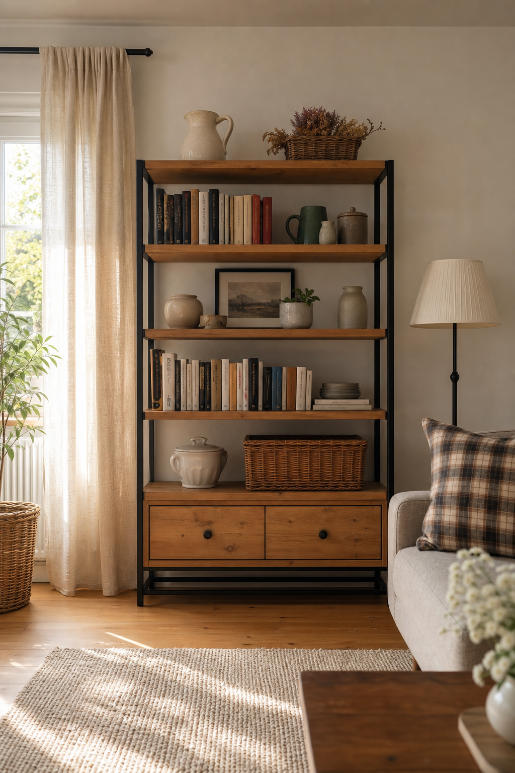 Helles Wohnzimmer mit cremefarbener Couch