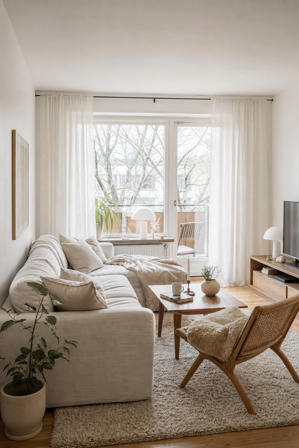 Helles Wohnzimmer großes Fenster Vorhänge